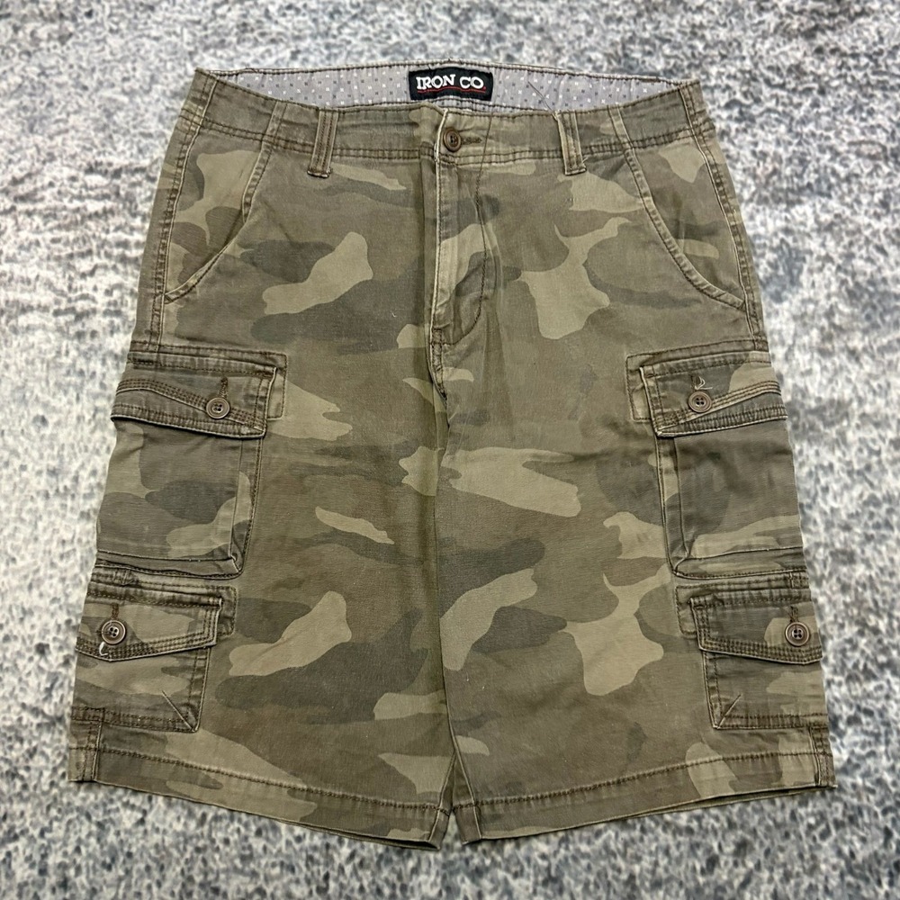 Iron Co. Cargo Shorts Mens 32 Green Brown Camo Utility Outdoor Baggy VTG Y2K
